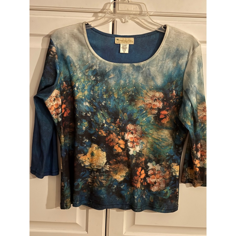 Impulse California Women Blue Floral Abstract Rhinestone 3/4 Sleeve Top PM